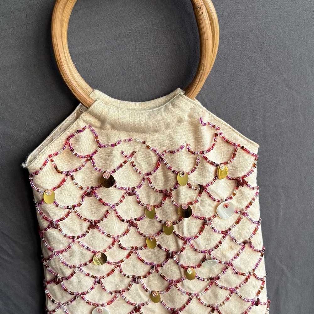 Y2K Boho Sequin Beaded Cream Small Hand Bag with Wooden Handled